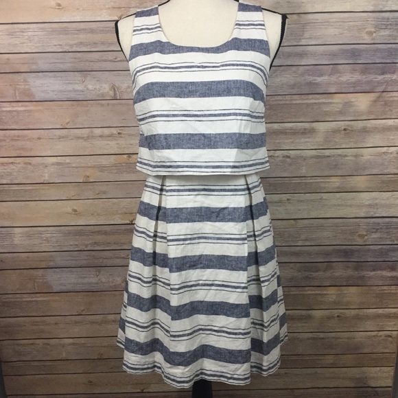 LOFT Dresses & Skirts - Loft Linen Striped Dress Navy Cream Open Back 6